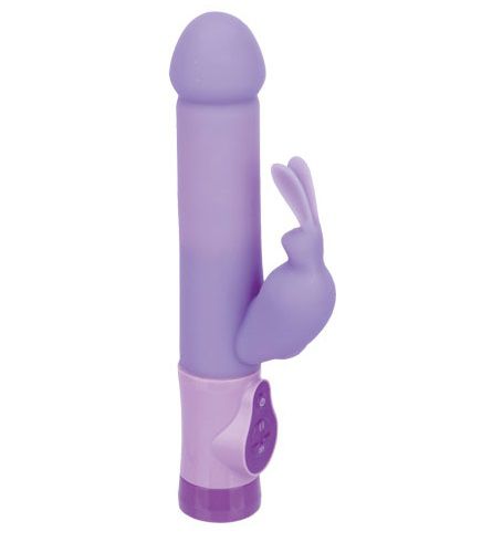 Фиолетовый силиконовый вибратор с виброзайчиком. Одновременная вагинальная и клиторальная стимуляция.