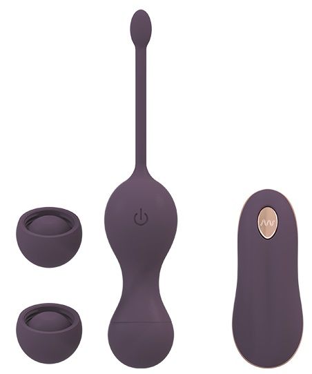Фиолетовые виброшарики IDUNA с пультом ДУ. В комплекте 3 сменных шарика разного веса (9, 32 и 41 гр.). Водонепроницаемые.