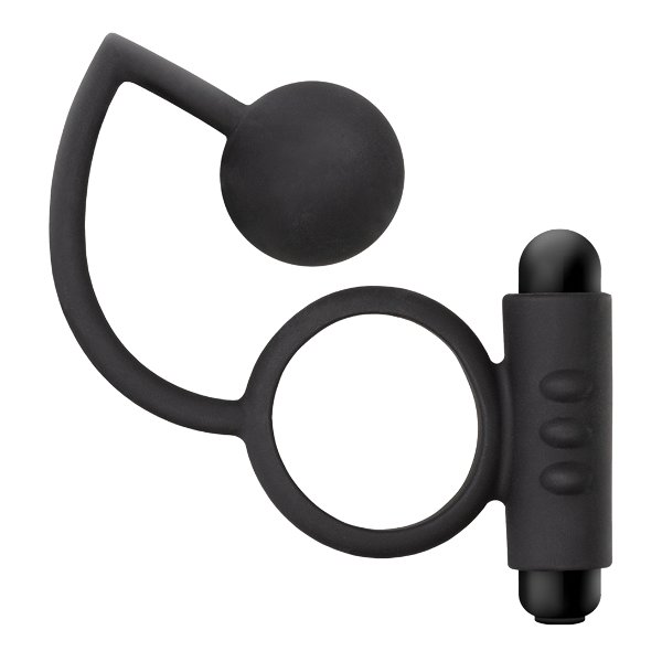 Черное эрекционное кольцо с вибропулей и стимулирующим шариком Silicone Anal Ball with Vibrating C-Ring.  Диаметр шарика - 3,8 см.