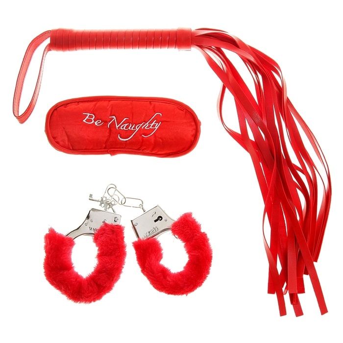 Набор красных аксессуаров для влюблённых: плетка, наручники с опушкой, повязка на глаза.