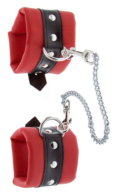 Красно-чёрные наручники HANDCUFFS WITH CHAINS на карабинах и металлической цепочке. Длина цепочки - 33 см.