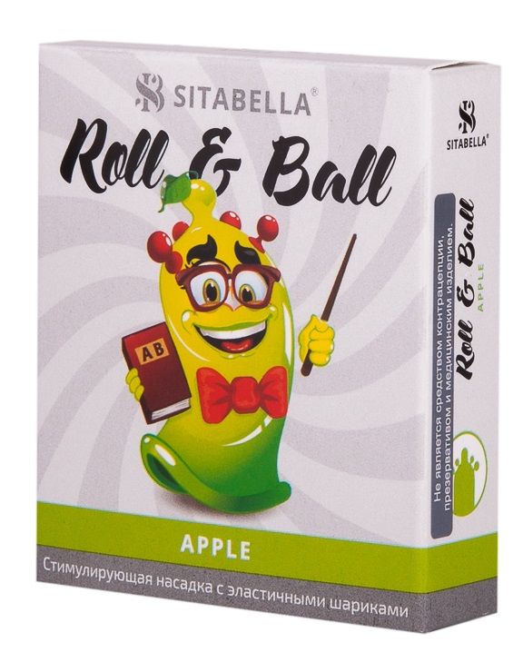 Roll & Ball – прозрачная зеленая стимулирующая насадка в виде презерватива с накопителем цилиндрической формы и пятью эластичными красными шариками. Насадка покрыта силиконовой смазкой с ароматом яблока, которая обеспечивает легкое и комфортное скольжение.