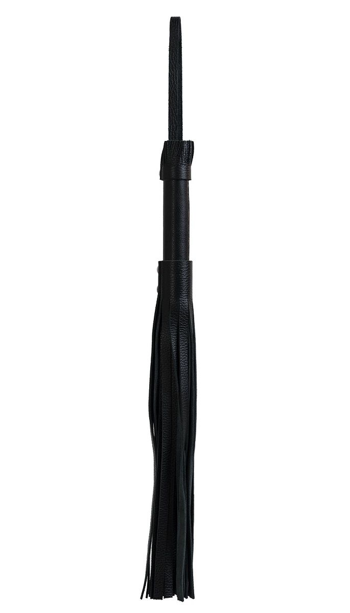 Аккуратная  черная плеть из натуральной кожи с ручкой, обтянутой кожей, украшенная декоративной кисточкой. Имеется петля для удобного использования девайса. Длина хвостов - 34 см.