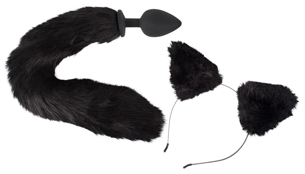 Игровой набор Pet Play Plug & Ears. Состоит из ободка с кошачьими ушками и анальной силиконовой пробки с длинным черным меховым хвостиком. Длина хвоста - 37,7 см.<br> Длина пробки - 9,3 см., диаметр - 4,1 см.