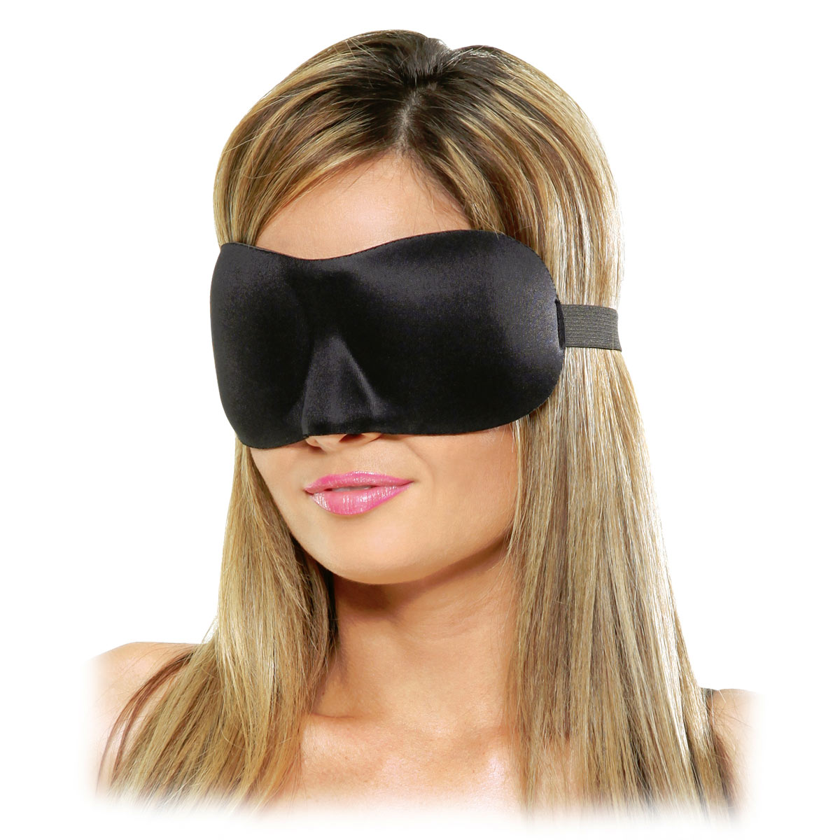 Черная маска на глаза, изготовленная их мягкого плотного материала. Имеет выемку для носа, что позволяет маске удобно сидеть на лице.  Крепится на резинке. Ширина - 8,5 см.