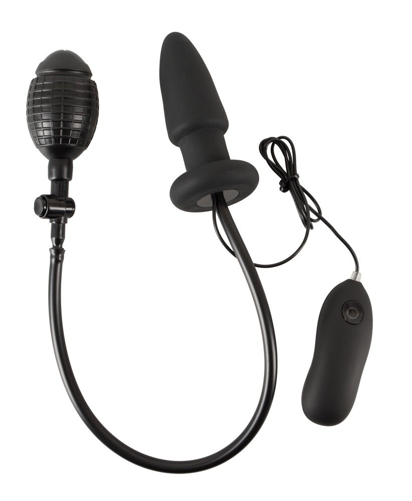 Черная надувная анальная пробка Inflatable Vibrating Butt Plug с дистанционным пультом управления. Рабочая длина - 10,4 см.<br> Диаметр при расширении - 4 см.