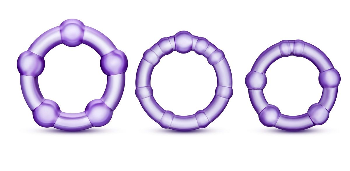 Набор из 3 фиолетовых эрекционных колец Stay Hard Beaded Cockrings. Диаметр колец - 3,8, 3,3 и 3,1 см.