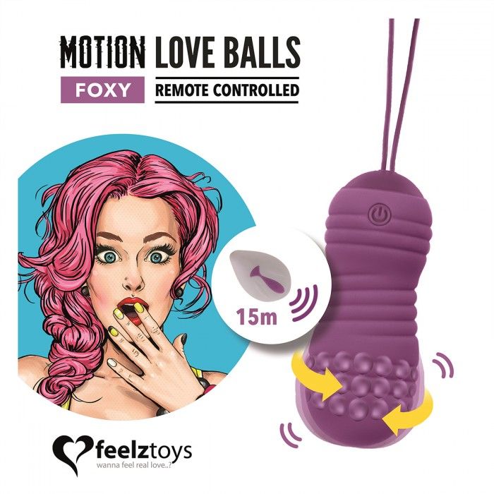 Шарики Motion Love Balls подарят вам чертовски приятное ощущение внутри! Шарики красивого фиолетового цвета, из силикона, игривые и захватывающие, они двигаются и вращаются, создавая приятную вибрацию. А поскольку они бесшумные и водонепроницаемые, их можно использовать где угодно!  <br><br> Пульт дистанционного управления имеет радиус действия 15 метров, вы также можете использовать эти шарики вне дома, с партнером или без. Шарики обеспечивают 7 режимов вибрации, среди которых Вы обязательно подберете себе фаворитный.  <br><br> Полного заряда достаточно для непрерывной 1,5-часовой работы. Вы также можете использовать вращающиеся шарики для укрепления мышц тазового дна. Таким образом, эти шарики многофункциональны. Заряжаются от шнура USB, который прилагается в комплекте. Шарики упакованы в миниатюрную сумочку, которая может использоваться как стильный чехол для хранения Вашей игрушки. Вес - 44 гр.