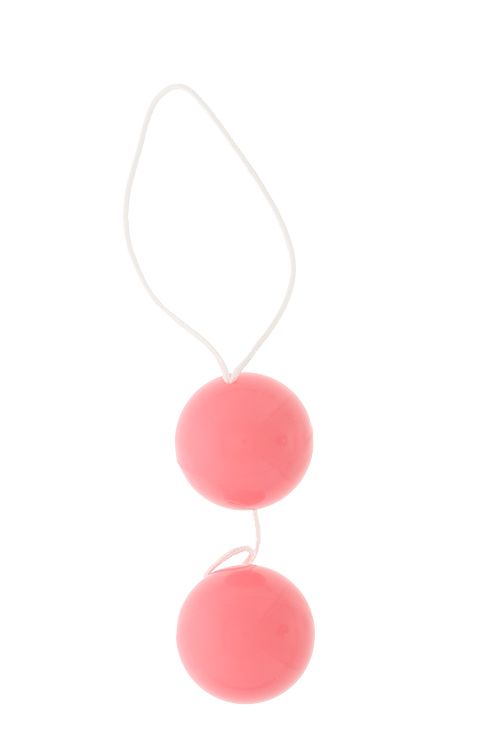 Классические вагинальные шарики из розового пластика, связанные между собой веревочкой для удобного извлечения. Шарики со смещенным центром тяжести.