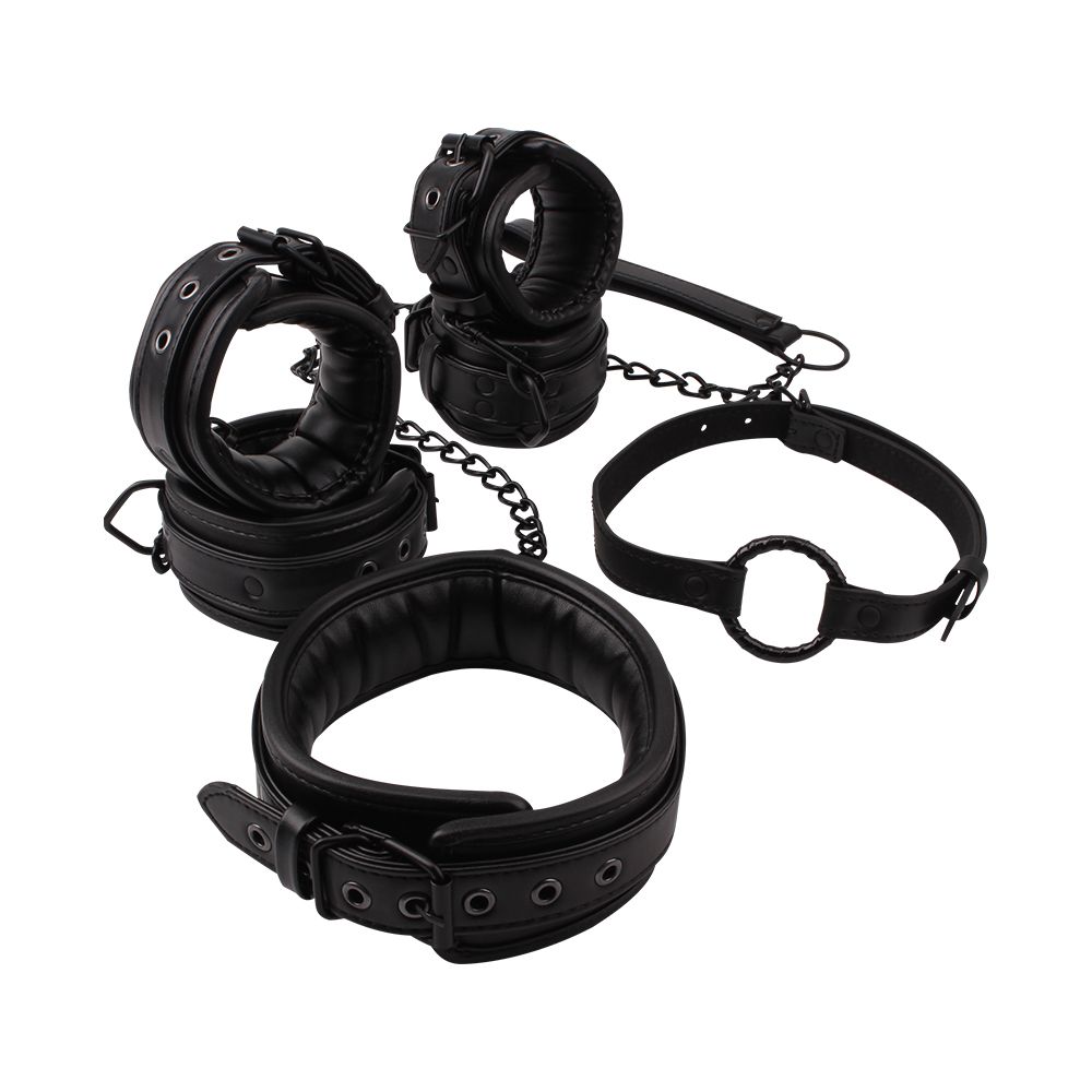 Набор БДСМ из 4 предметов: наручники, наножники, ошейник с поводком, и кляп (открытый ротик).