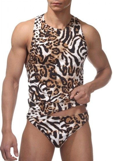 Стильный мужской комплект из майки и трусов-тонг тигровой расцветки. Майка-борцовка, с открытыми плечами. В комплекте: майка, трусы.
