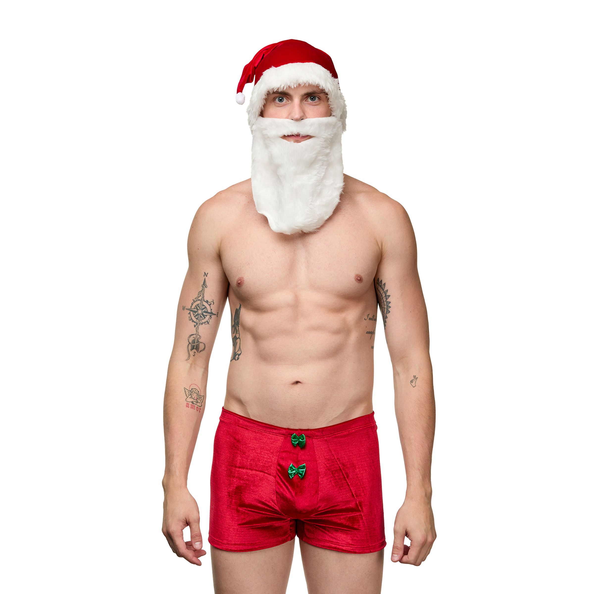 Мужской костюм «Дед Мороз» состоит из 2 предметов: боксеров с вырезом сзади и шапки с бородой. В комплекте: трусы-боксеры, шапка с бородой.