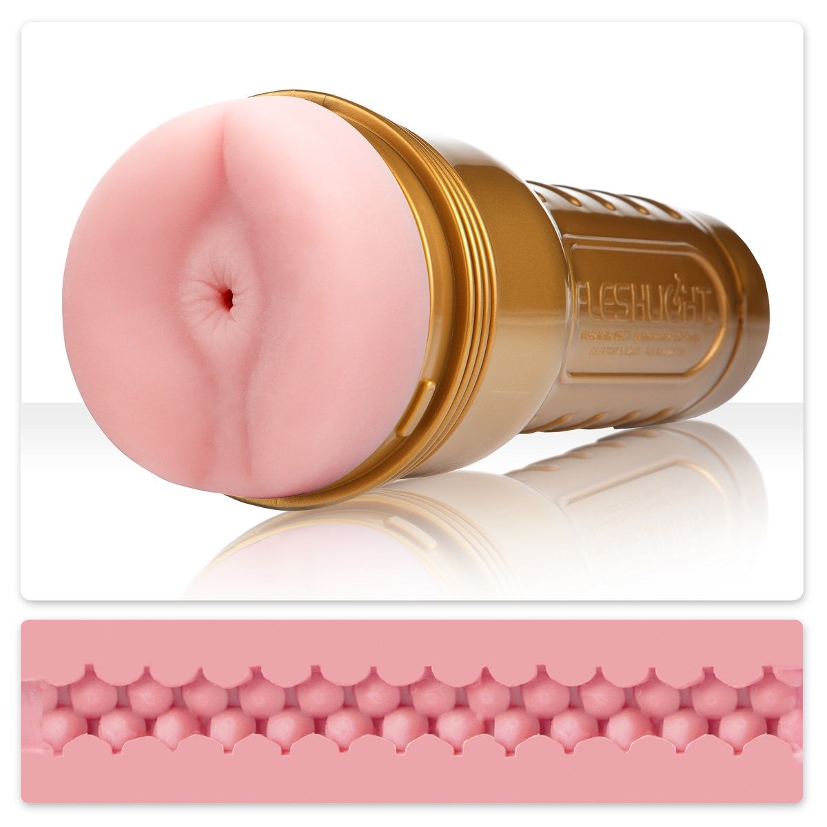 Легендарная секс-игрушка  Fleshlight для мужчин!  Специальная усиленная текстура и реалистичные ощущения позволяют тренировать выносливость. Мягкий, податливый рукав этого мастурбатора изготовлен из запатентованного высококачественного материала, Pink Butt Stamina дает невероятные и незабываемые ощущения. Внутренний рельеф, состоящий из небольших гладких пупырышек по всей длине рукава, в сочетании с узким и плотным каналом производит взрывной эффект! <br><br>  С Fleshlight Gold Stamina Вы сможете регулярно практиковаться и с каждым разом улучшать время своего удовольствия. Перед использованием можно на некоторое время погрузить рукав мастурбатора в теплую воду, чтобы добавить реалистичных ощущений. Корпус мастурбатора выглядит как обычный фонарик и не привлекает постороннего внимания.