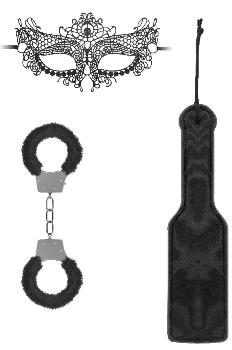 Introductory Bondage Kit №3 – набор, состоящий из 3 предметов для эротических ролевых игр и практик БДСМ. В комплекте: маска, наручники, шлепалка. Длина шлепалки - 30,5 см.
