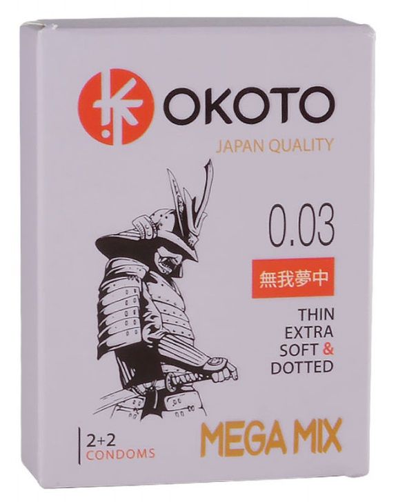 Набор OKOTO MegaMIX состоит из 4 презервативов: 2 Thin Extra Soft (гладкие тонкие мягкие) и 2 Dotted (точечные).    В упаковке - 4 шт.<br> Номинальная ширина - 52 мм.<br> Толщина стенки - 0,05 мм.