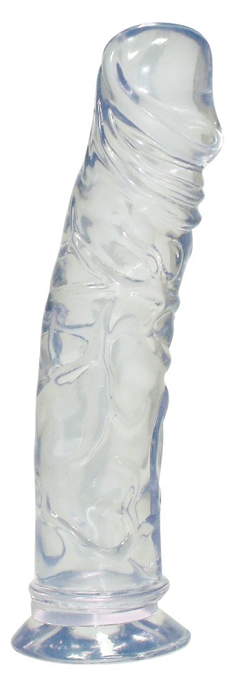 Прозрачный пенис из геля естественной формы с прожилками, головкой и крайней плотью. Чудесно гибкий и скользкий на крепкой присоске.