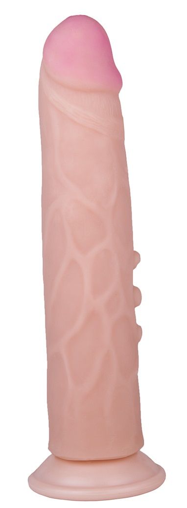 Большой фаллоимитатор подарит вам море удовольствия и феерических оргазмов. Сделан из реалистичного материала неоскин, иначе именуемого как «киберкожа», поэтому по ощущениям он на 100% напоминает настоящий пенис. Для дополнительной стимуляции вагины предусмотрены особые шишечки на имитаторе и венозный рельеф.  <br><br>Чтобы вы могли использовать игрушку в любых позах, и это было максимально удобно, есть  специальная присоска, которая крепится к абсолютно любой гладкой поверхности.  Рабочая длина - 21,2 см.<br> Диаметр головки - 4 см.