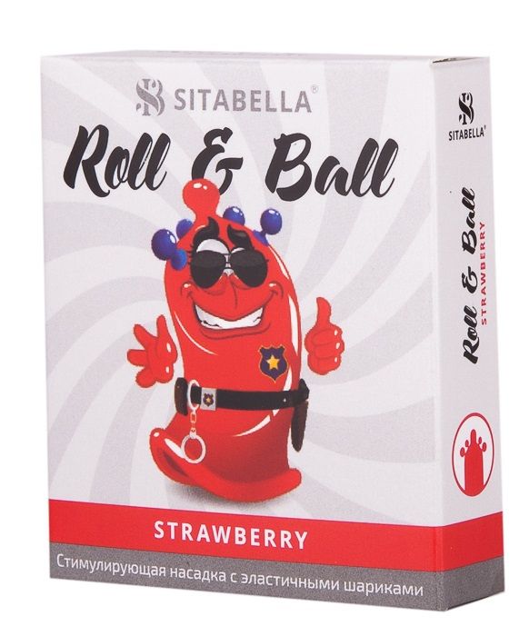 Roll & Ball – прозрачная красная стимулирующая насадка в виде презерватива с накопителем цилиндрической формы и пятью эластичными синими шариками. Насадка покрыта силиконовой смазкой с ароматом клубники, которая обеспечивает легкое и комфортное скольжение.