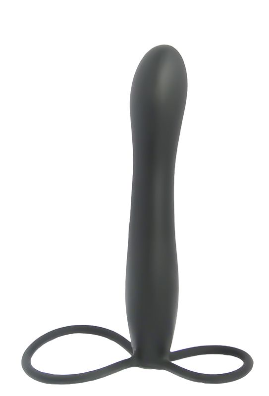 Черный страпон с подхватом мошонки. Насадка страпона подходит для вагинального и анального секса. Рекомендуется использовать со смазкой. Диаметр петель - 3 и 5 см.