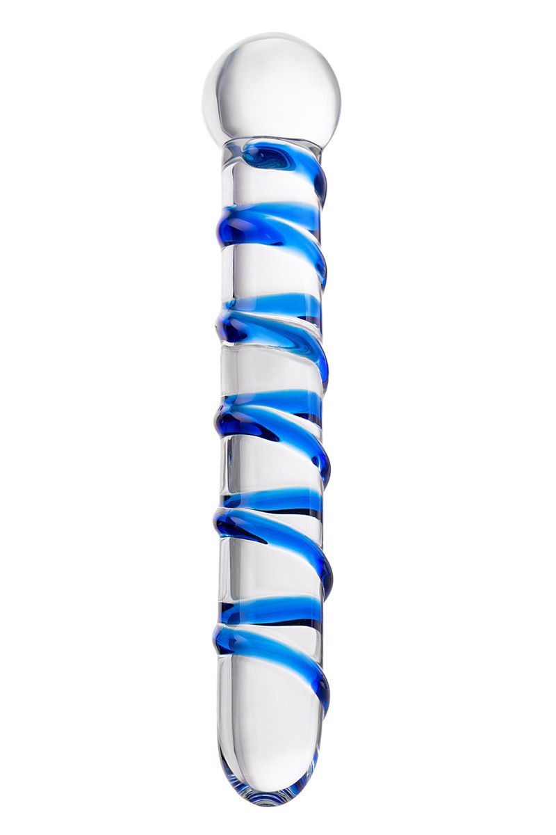 Качественная втулка из прозрачного стекла покрытая спиралью желобков, окрашенных синим цветом. Кольцо-шар для более комфортного использования. Минимальный диаметр - 2,5 см.