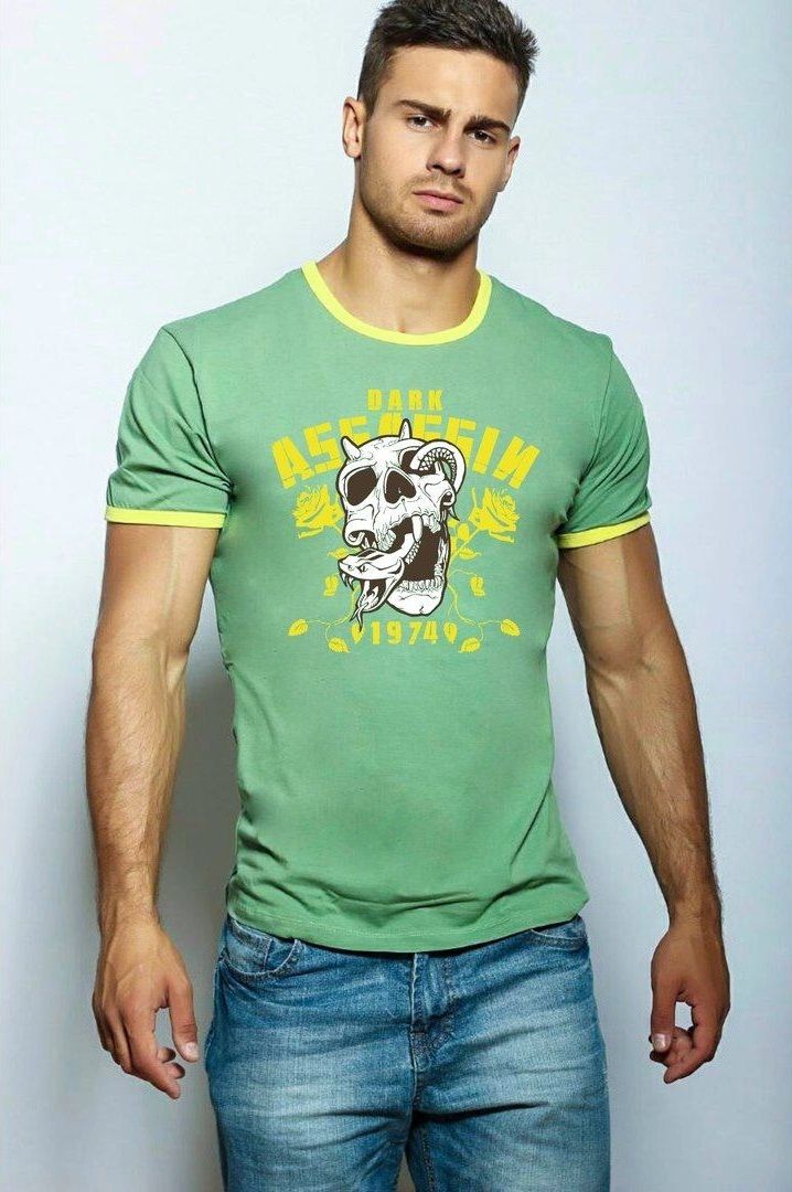 Зеленая мужская футболка с черепом, змеёй и надписью.