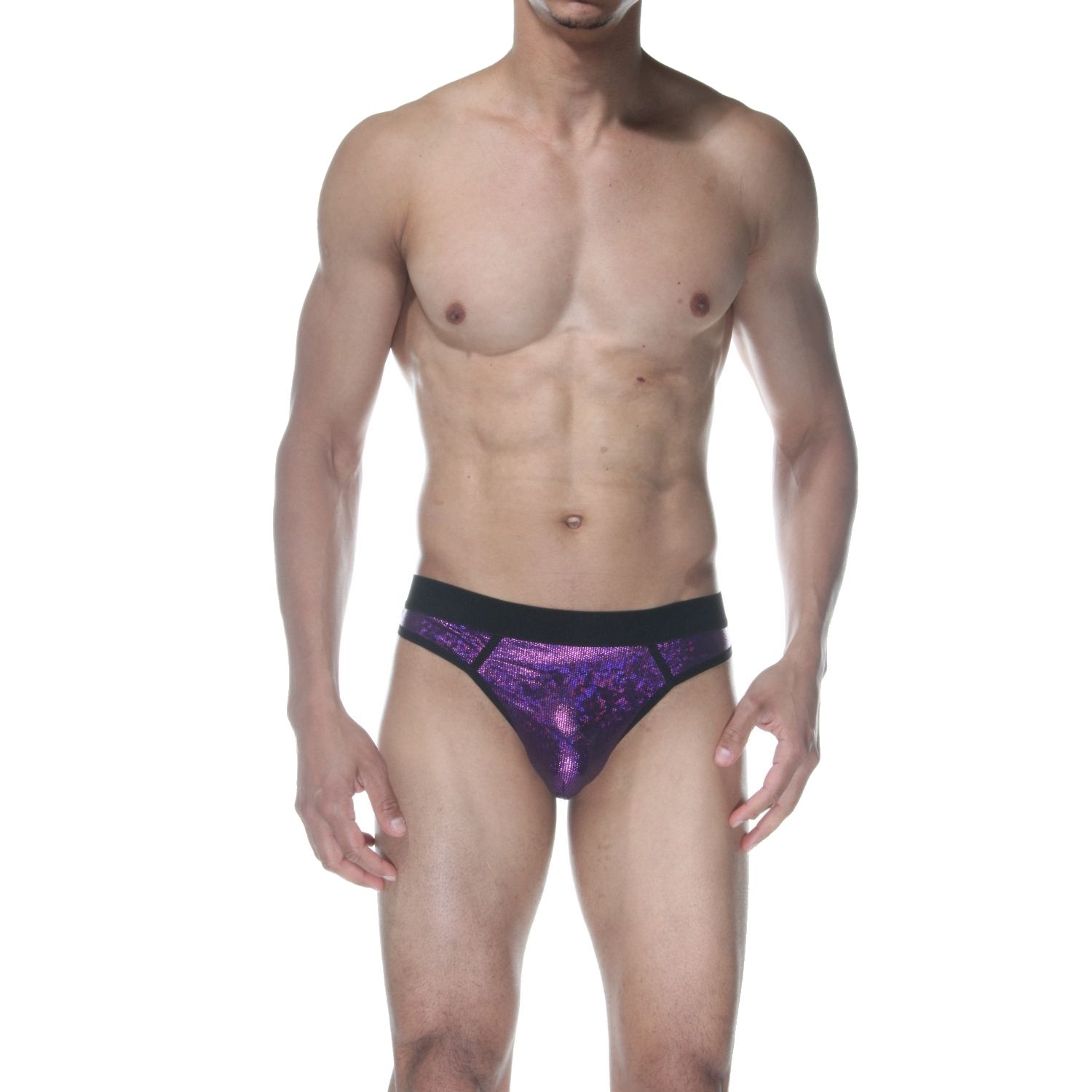 Фиолетовые блестящие мужские трусы-стринги.