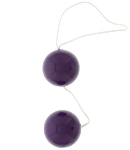 Классические вагинальные шарики из фиолетового пластика, связанные между собой веревочкой для удобного извлечения. Шарики со смещенным центром тяжести.