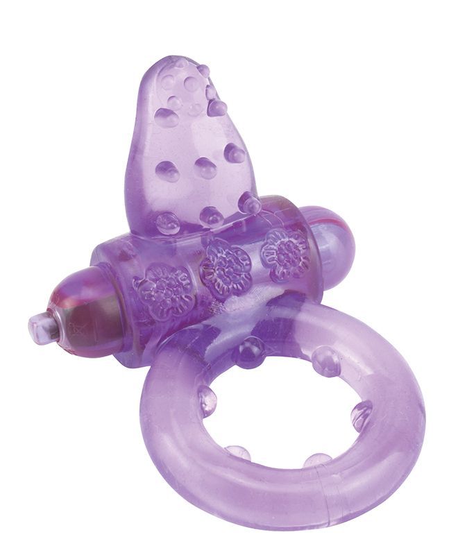 Фиолетовое эрекционное кольцо с вибрацией и рельефным язычком NUBBY CLITORAL PROBE COCKRING.  Батарейки в комплекте (4хLR41).