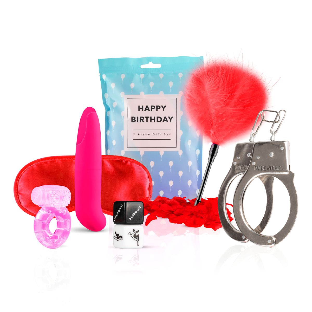 Happy Birthday - набор, состоящий из 7 предметов. <br><br> В комплект входят:<br> - вибромассажер розового цвета,<br> - серебристые металлические наручники,<br> - пуховка с красными перьями,<br> - красная маска на глаза закрытого типа,<br> - эрекционнное кольцо с вибрацией розового цвета,<br> - красные лепестки роз,<br> - игральные кубики. Длина вибратора - 11,5 см., диаметр - 2,6 см.