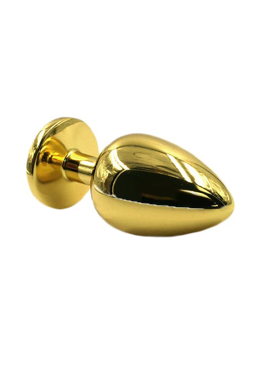 Золотая анальная пробка из алюминия размер S. Страз в основании круглой формы,  выполнен из прозрачного стекла. Упакована в вельветовый мешочек для хранения. Вес - 52 гр.