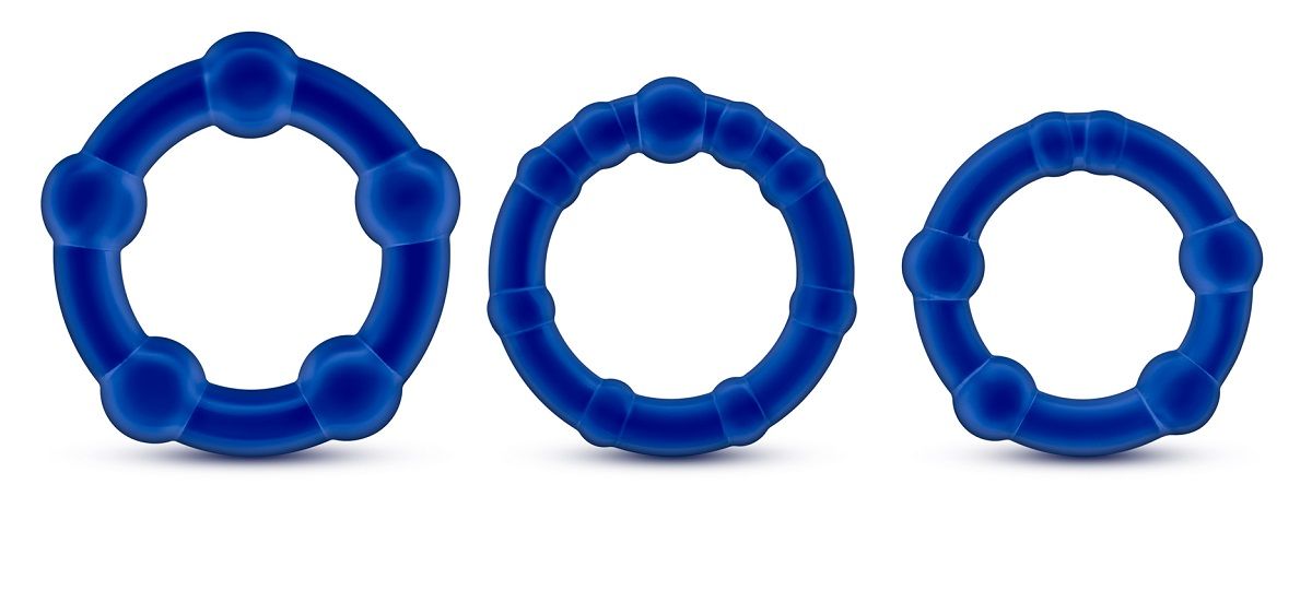 Набор из 3 синих эрекционных колец Stay Hard Beaded Cockrings. Диаметр колец - 3,8, 3,3 и 3,1 см.