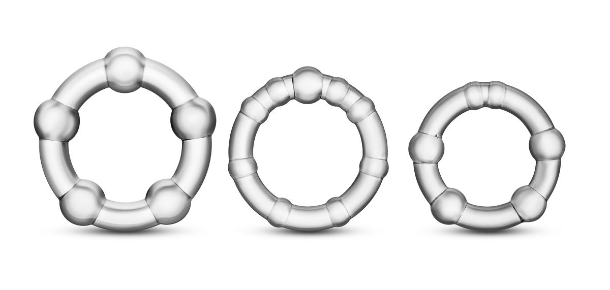 Набор из 3 прозрачных эрекционных колец Stay Hard Beaded Cockrings. Диаметр колец - 3,8, 3,3 и 3,1 см.