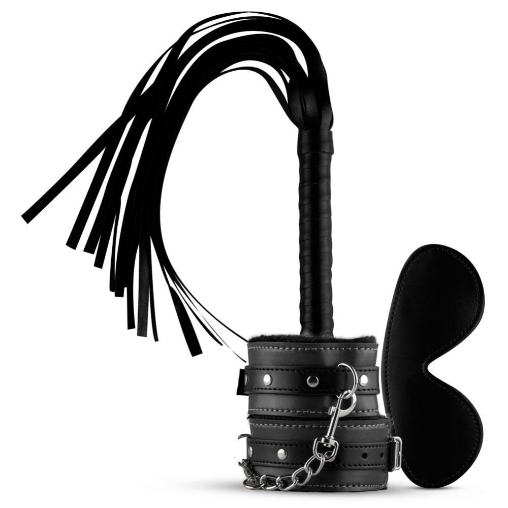 Черный эротический набор Bale Beginners Bondage Set. Состоит из плети, наручников на цепочке, оков и плотной маски на глаза.