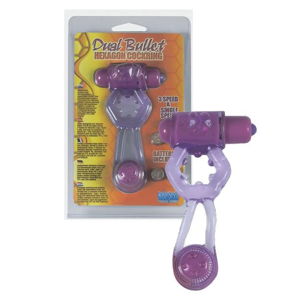 Фиолетовое эрекционное кольцо с вибропулей и стимулирующим хвостиком. Батарейки в комплекте.