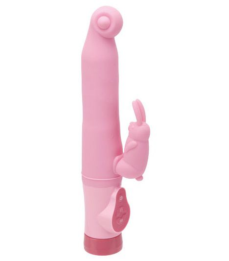 Розовый вибромассажёр с клиторальным зайчиком. Одновременная вагинальная и клиторальная стимуляция.