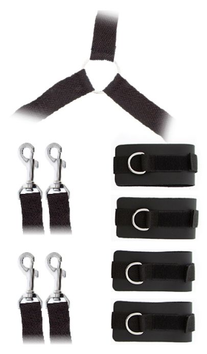 Комплект удерживающих наручников и поножей. Комплект состоит из пары поножей и наручников. Размеры манжет и воротника можно регулировать с помощью металлических застежек. Они могут быть прикреплены карабинами друг к другу..