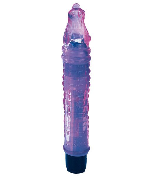 Фиолетовый гелевый вибратор в форме крокодильчика. Водонепроницаемый.