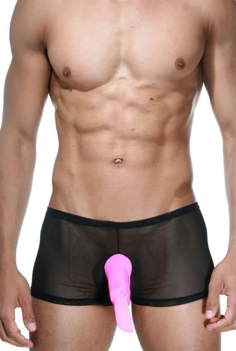 Черные полупрозрачные боксеры для мужчин, с розовой плотной вставкой в области гениталий.
