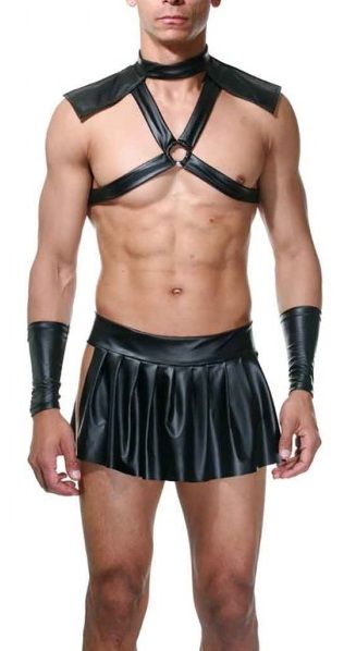 Тематический костюм гладиатора для мужчин, состоящий из четырех предметов: кожаное бюстье на грудь и плечи, юбка и напульсники-рукава. В комплекте: бюстье, юбка, напульсники.