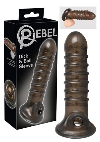 Насадка на пенис Rebel smoke с рёбрышками и отверстием под мошонку. Внутренний диаметр - 3 см. <br> Длина полости - 14 см.