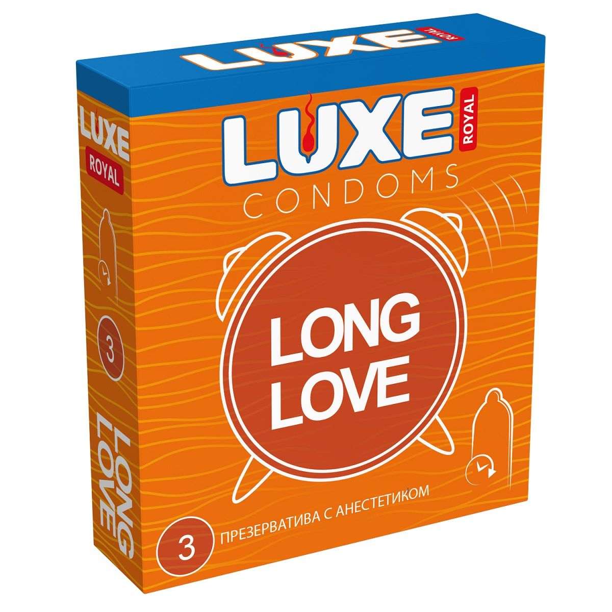 Презервативы LUXE Royal Long Love с пролонгирующим эффектом не позволят потерять контроль над возбуждением. С анестетиком, уменьшающим ощущения и не дающим взорваться брызгами удовольствия раньше времени. В фирменной упаковке содержится 3 презерватива из тонкого латекса  Ширина - 52 мм.<br> Толщина стенок - 0,06 мм.<br> В упаковке - 3 шт.