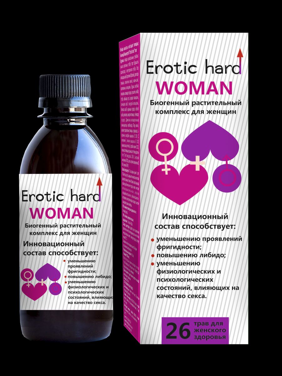 Erotic hard - это вытяжка из лекарственных растений, уменьшающая проявления фригидности, повышающая либидо. Обеспечивает половое возбуждение, стимулирует сексуальное влечение, повышения яркости оргазма и увеличения чувственности. Обладает противовоспалительным, противомикробным, иммуномодулирующим действием.  <br><br>  В состав входят мощные афродизиаки: дамиана, вербена, мака перуанская, родиола розовая, гуарана, дискорея, элеутерококк, аминокислота L-аргинин + 20 трав для поддержания женского здоровья: красная щетка, боровая матка, дягиль, пажитник, иван-чай, крапива, мята, лаванда, розмарин, имбирь, липа, смородина, эхинацея, малина, мелисса, календула, душица, цикорий, ромашка.