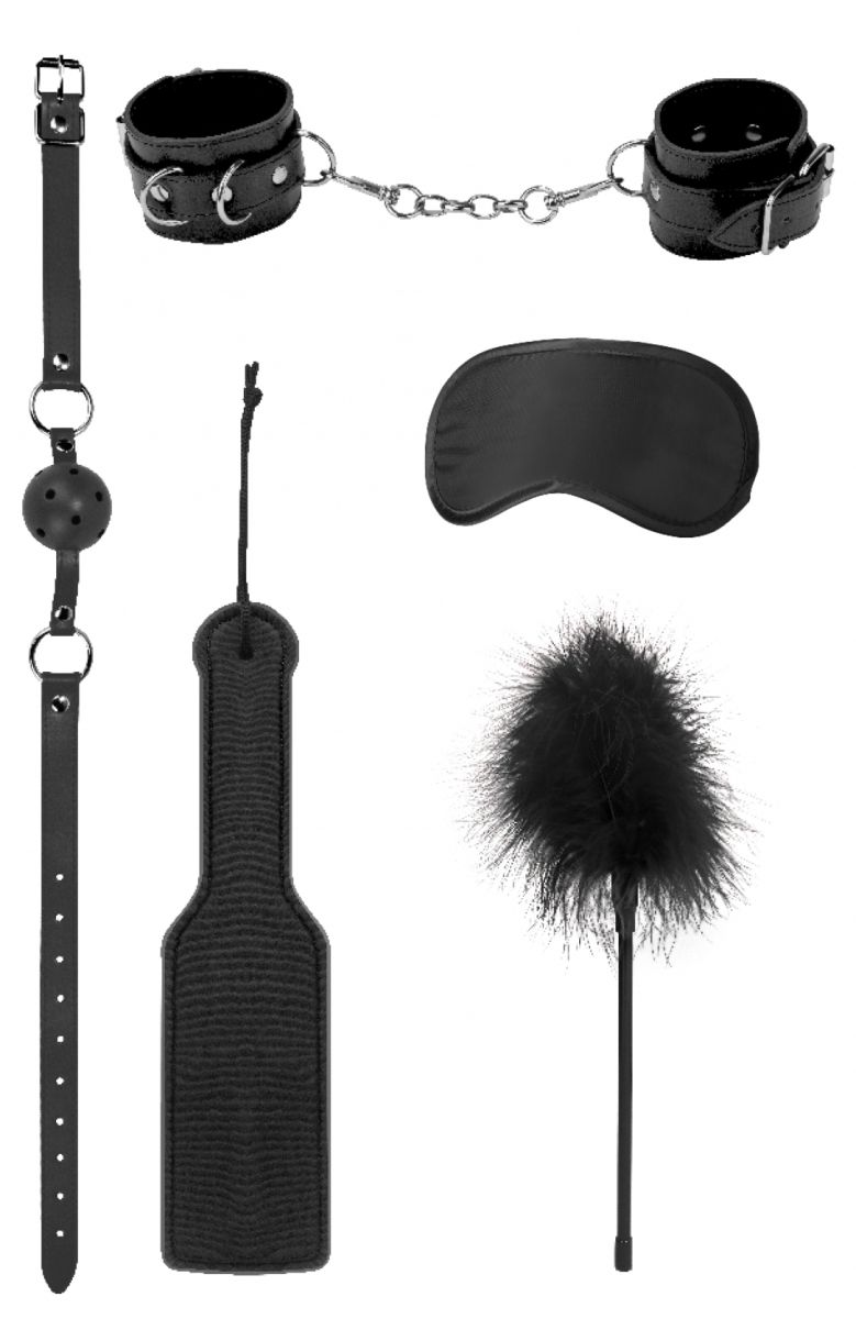 Introductory Bondage Kit №4 – набор, состоящий из 5 предметов для эротических ролевых игр и практик БДСМ. В комплекте: кляп-шарик, наручники, маска, пуховка, шлепалка. Длина пуховки - 28 см.<br> Длина шлепалки - 30,5 см.