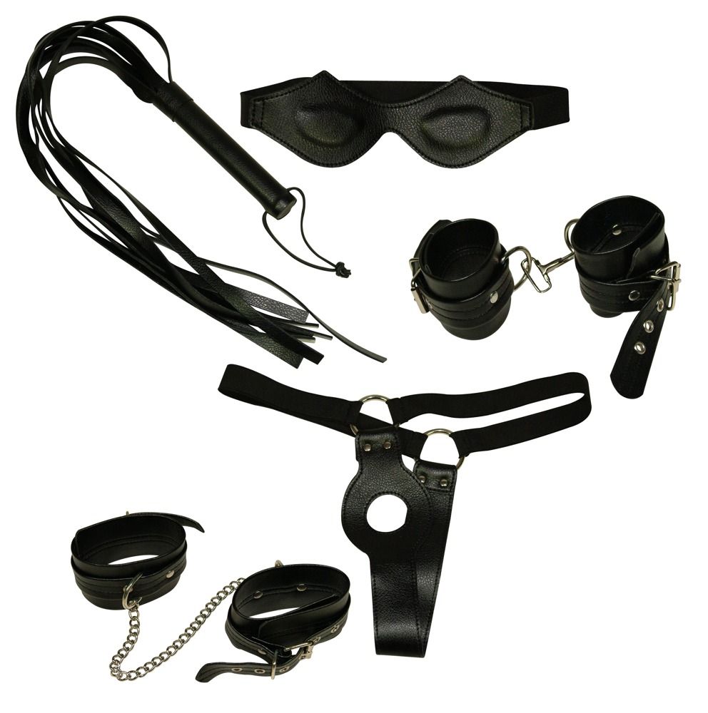 Набор фиксаций: наручники, наножники, плетка, маска и фиксация на женские половые органы.
