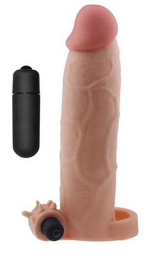 Телесная насадка на пенис с вибропулей. С подхватом мошонки. Длина полости - 14 см., диаметр - 3,5 см. Прирост длины - 5,5 см.