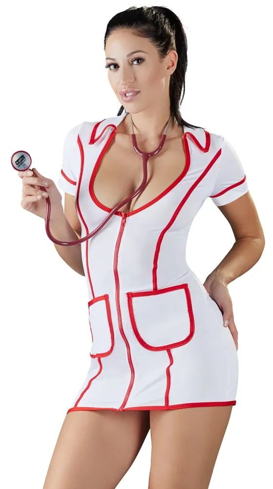 Ролевой костюм медсестры. Платье на молнии спереди , глубоким вырезом и накладными карманами.