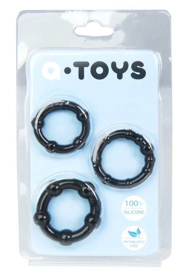 Эрекционные силиконовые кольца A-Toys для усиления эрекции и продления полового акта. Диаметр колец - 2,3, 3 и 3,2 см.  Минимальный диаметр основной части-2 см.