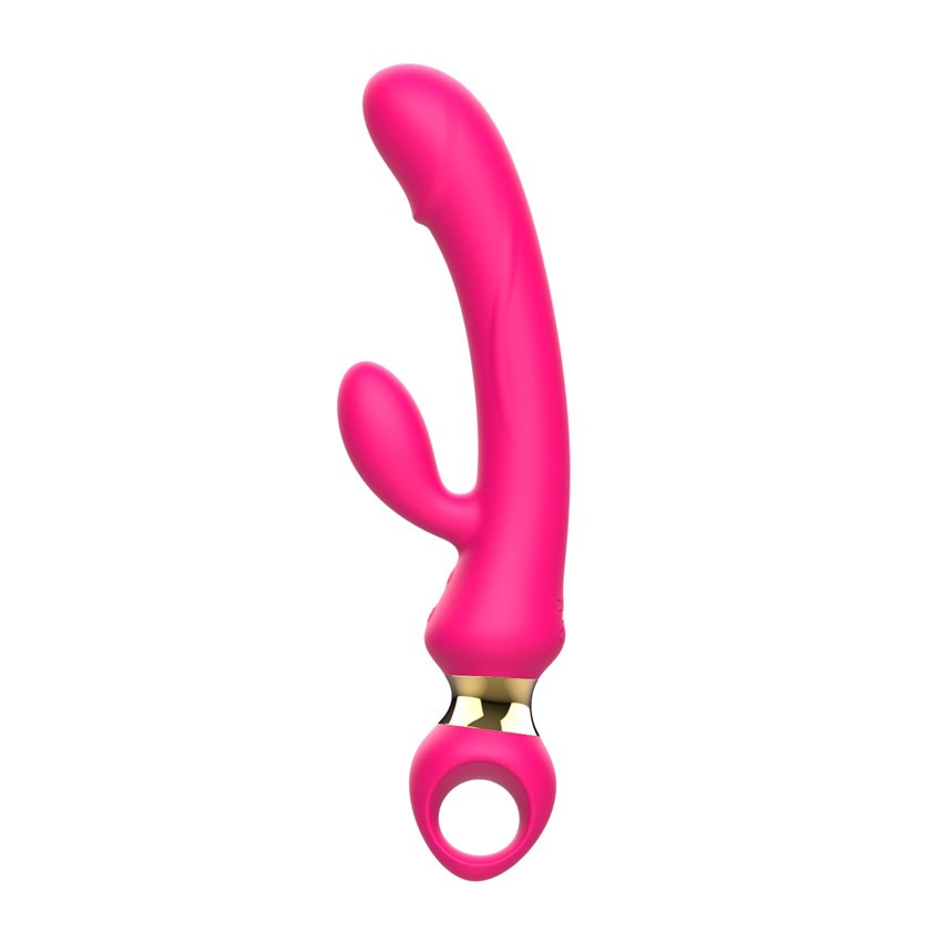 Розовый вибратор-кролик с ручкой-кольцом. 10 режимов вибрации. Рабочая длина - 13,3 см.