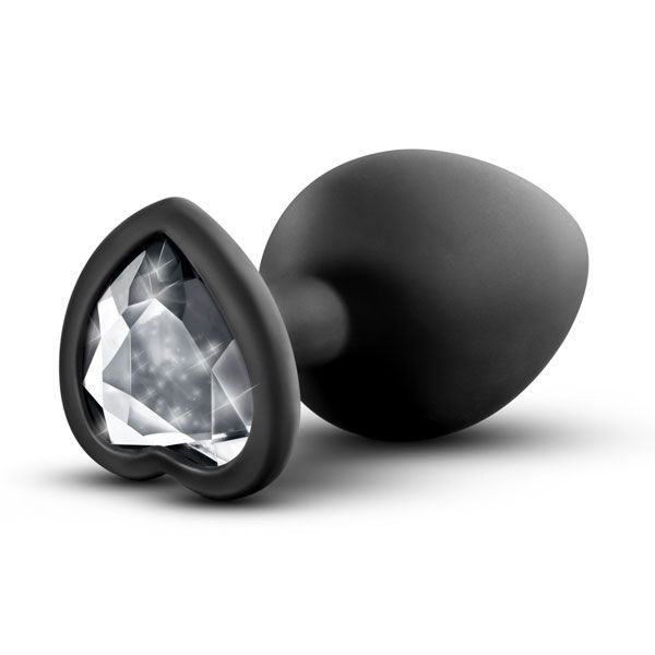 Черная анальная втулка с прозрачным кристаллом в виде сердечка Bling Plug Small.