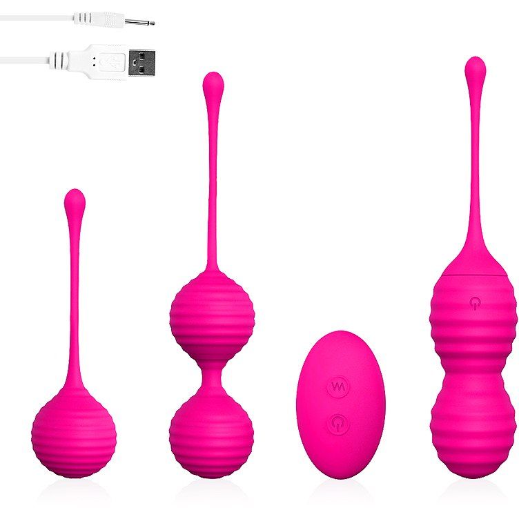 Набор из 3 ярко-розовых вагинальных шариков SWEETHEART. В набор входят одинарный и двойной вагинальные шарики, а также виброшарики с пультом ДУ.